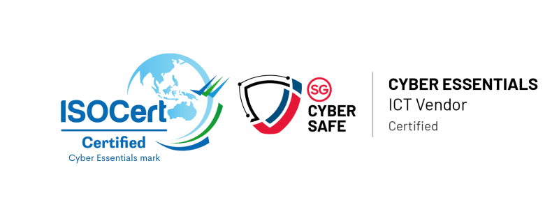 ISOCert Certified Cyber Essentials mark, and the SG Cyber Safe mark: Cyber Essentials, ICT Vendor, Certified