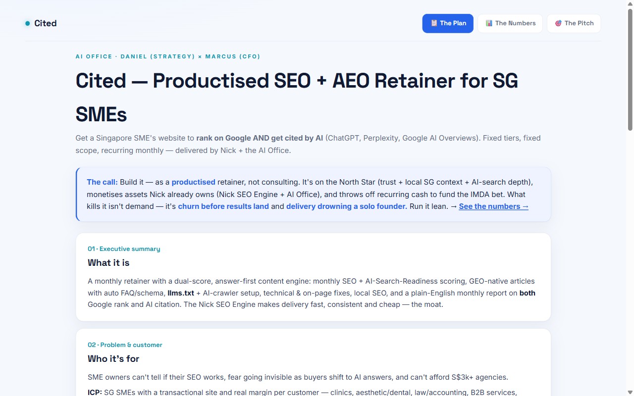 Screenshot of Cited — AI SEO / AEO retainer hub