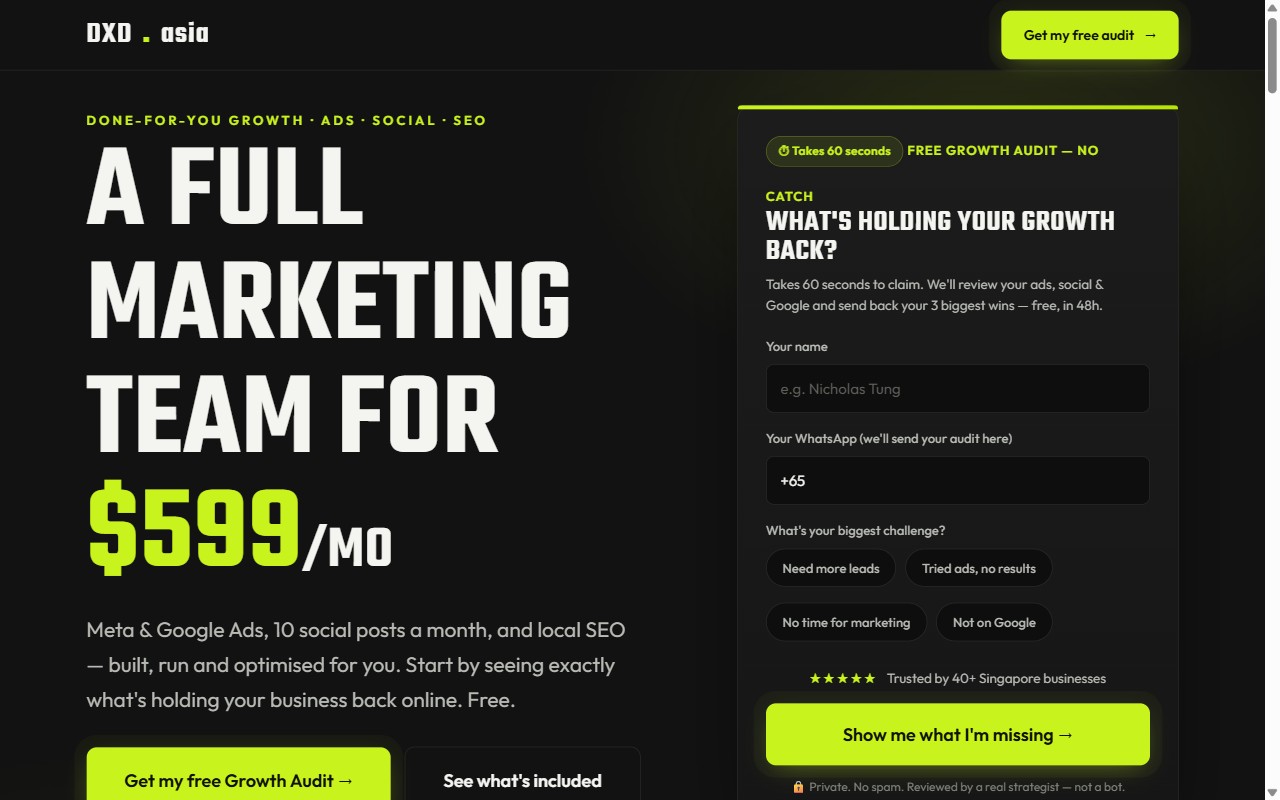 Screenshot of DXDasia — growth-starter landing page