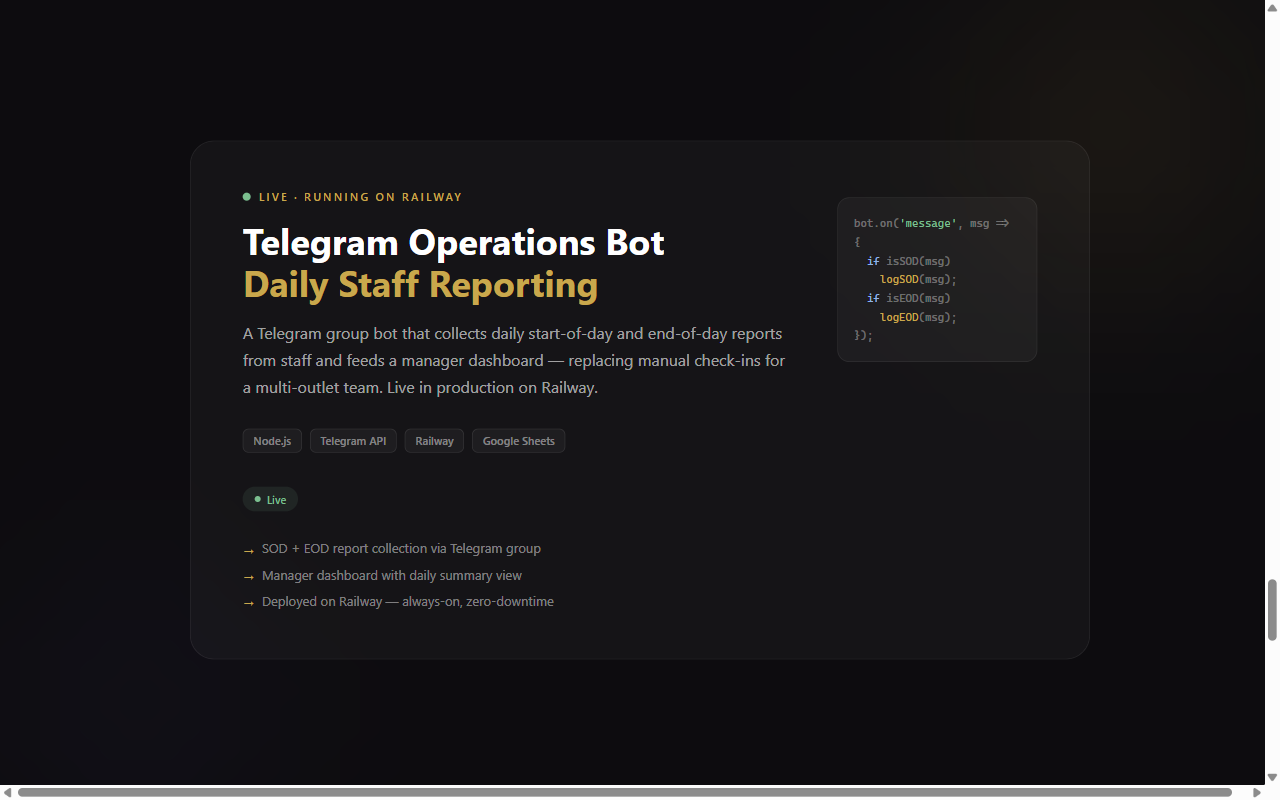 Screenshot of Telegram operations bot: daily staff reporting