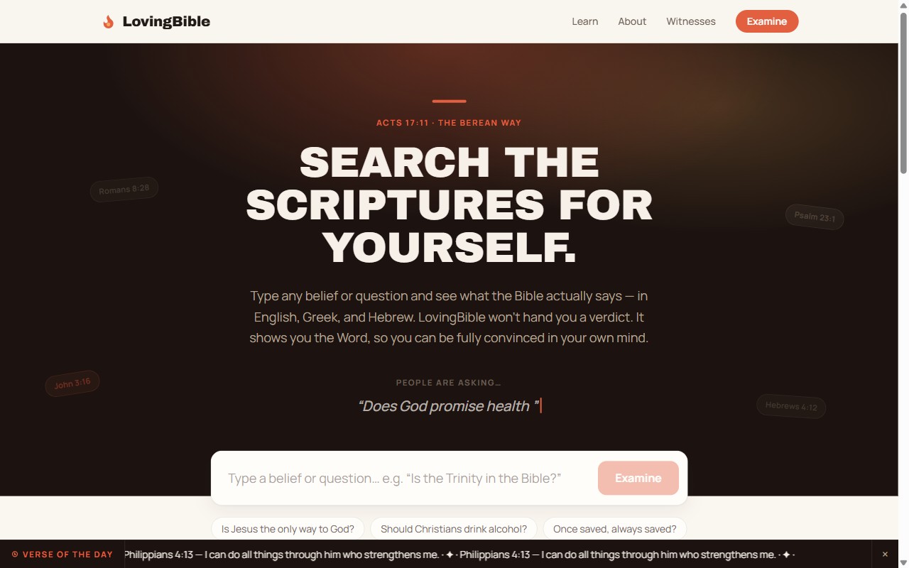 Screenshot of LovingBible — Scripture examination tool