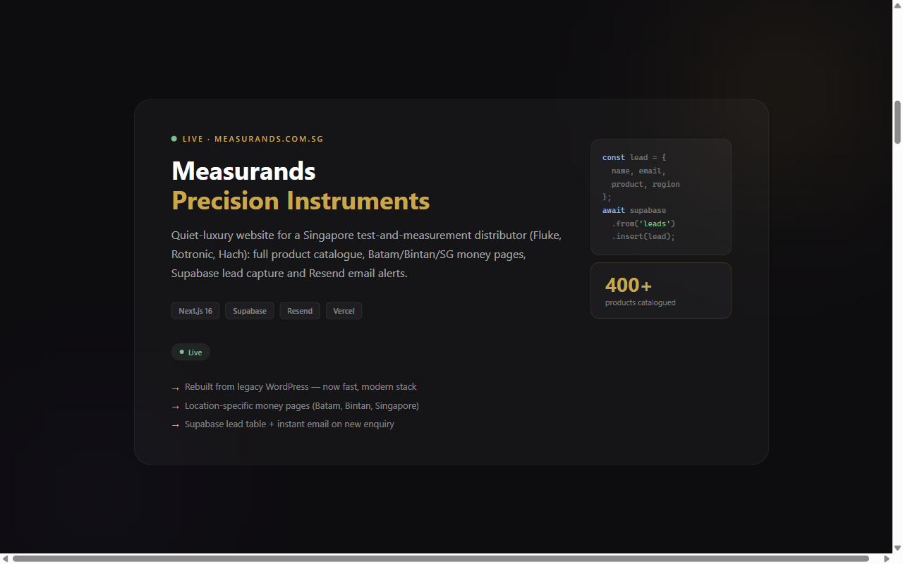 Screenshot of Measurands: precision-instrument distributor site