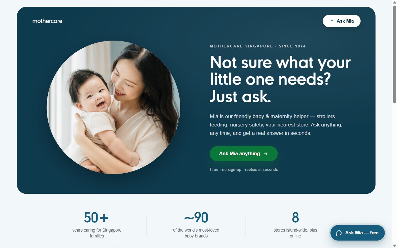 Screenshot of Mothercare SG: grounded product chatbot