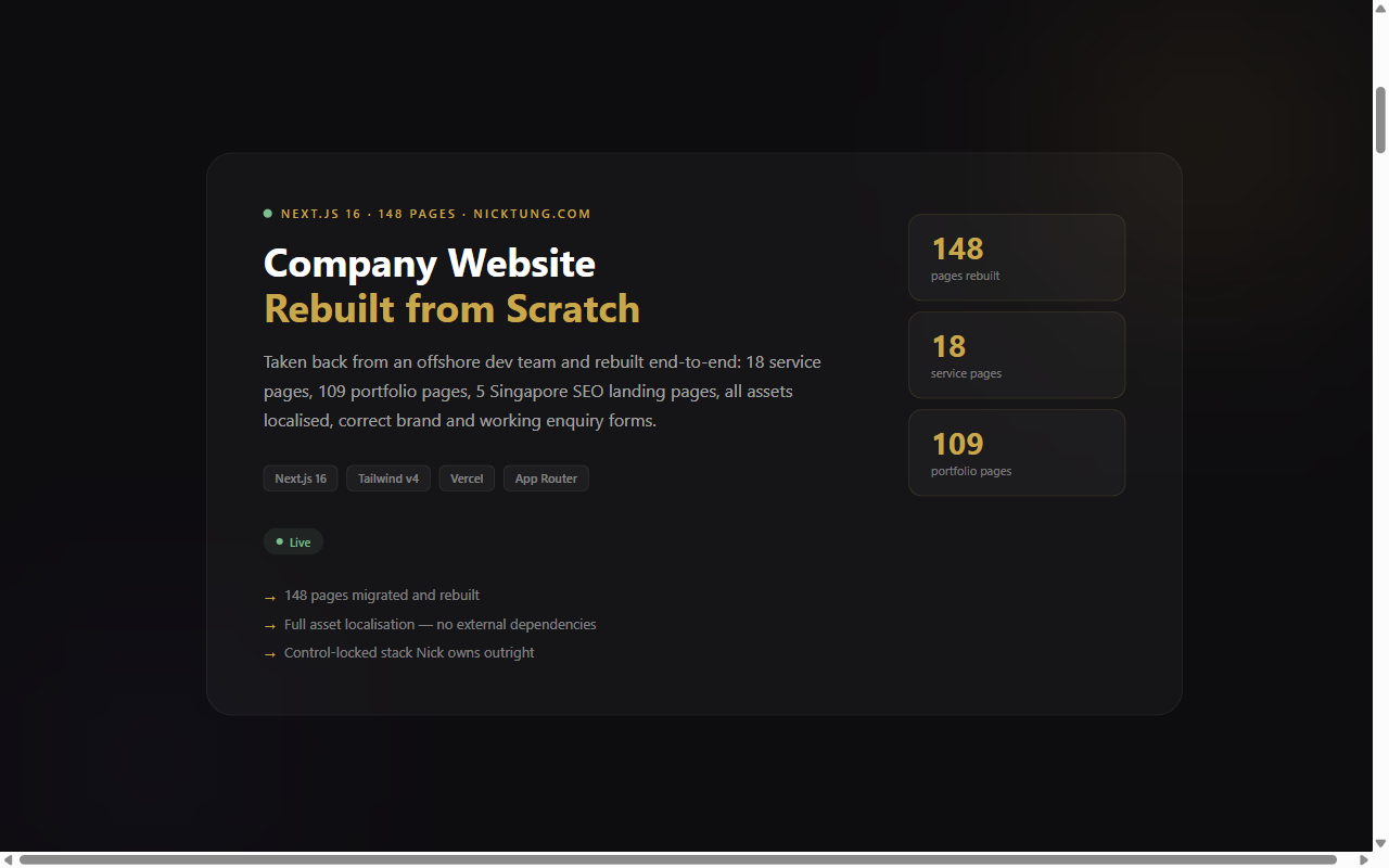Screenshot of nicktung.com: company website rebuild