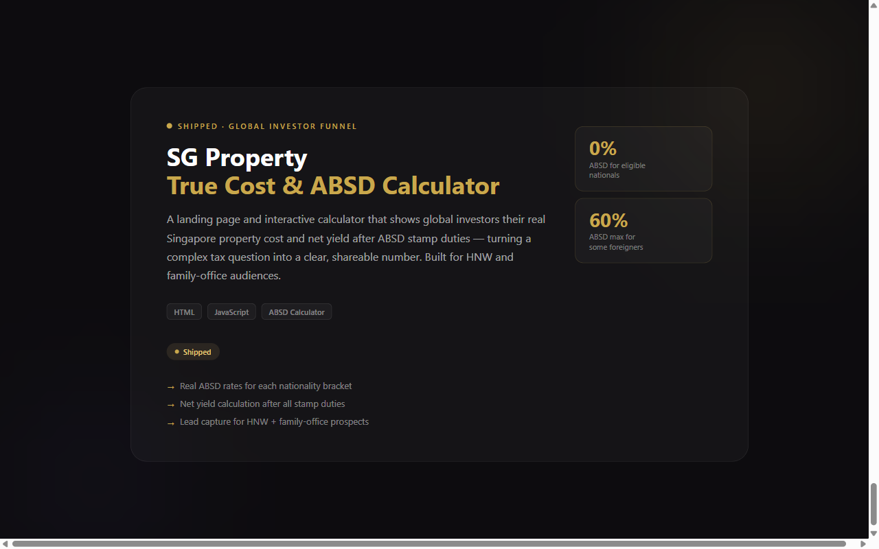 Screenshot of Global-investor property funnel + ABSD calculator