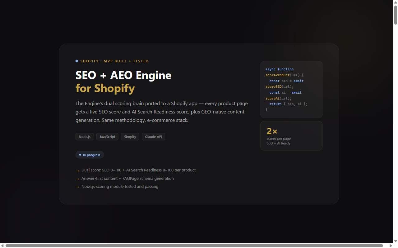 Screenshot of Shopify SEO + AEO app
