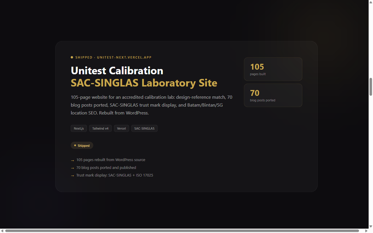 Screenshot of Unitest Calibration — SAC-SINGLAS laboratory website