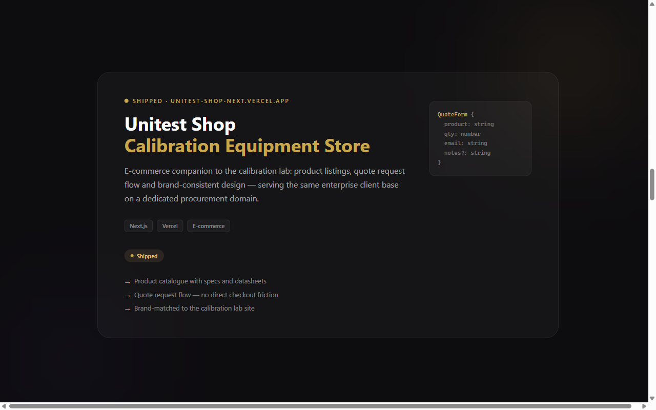 Screenshot of Unitest Shop: calibration equipment e-commerce